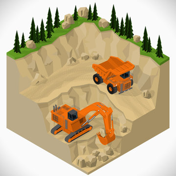 Vector isometric illustration of a mining quarry, heavy-duty truck and a mining excavator. Equipment for high-mining industry.