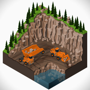 Vector isometric illustration of a mining quarry, heavy-duty dumper and a articulated backhoe excavator. Equipment for high-mining industry.