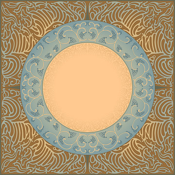 Ornament in the circle with branches of grapes on a background with an abstract pattern. The pattern for a scarf or a shawl.
It can be used as decoration with space for text.