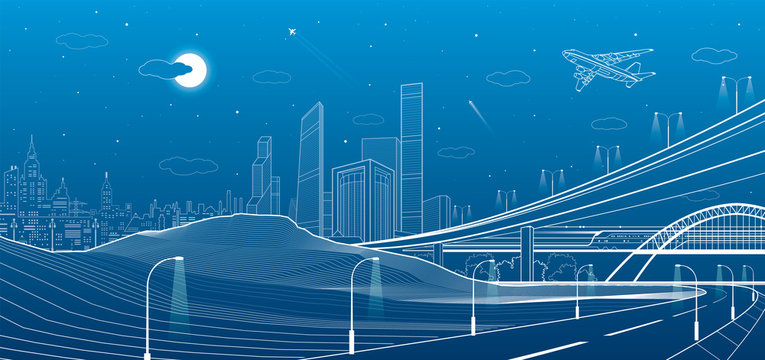 Car overpass, city infrastructure, urban plot, plane takes off, train move, transport illustration, mountains, white lines on blue background, vector design art