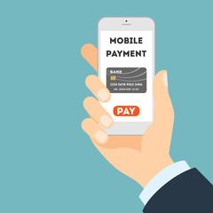 Mobile banking concept. Easy transaction with mobile banking. Credit card in smartphone. Payment through internet. Hand holding gadget.