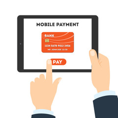 Mobile payment concept. Easy transaction with mobile banking. Credit card in tablet. Payment through internet.