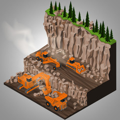 Vector isometric illustration of a mining quarry, heavy-duty truck,  articulated grader and a two types of mining tracked excavators. Equipment for high-mining industry.
