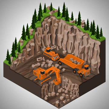 Vector isometric illustration of a mining quarry, heavy-duty dumper and a two types of mining tracked excavators. Equipment for high-mining industry.
