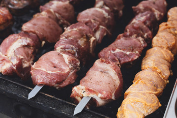 Beef and chicken kebab. Fresh meat at grill, bbq