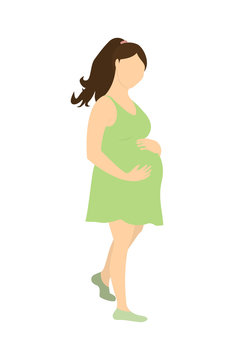 Isolated pregnant woman on white background. Woman in green dress is awaiting for baby. Happy maternity.