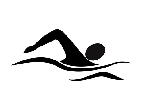 Isolated swim icon. Black silhouette of man swimming in the waves. Concept of swimming pool, summer competition and more.