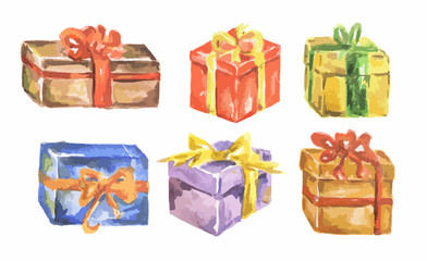 Watercolor presents set. Colorful boxes with bows and ribbons for holidays as Christmas, New Year and Birthday.