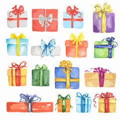 Watercolor presents set. Colorful boxes with bows and ribbons for holidays as Christmas, New Year and Birthday.