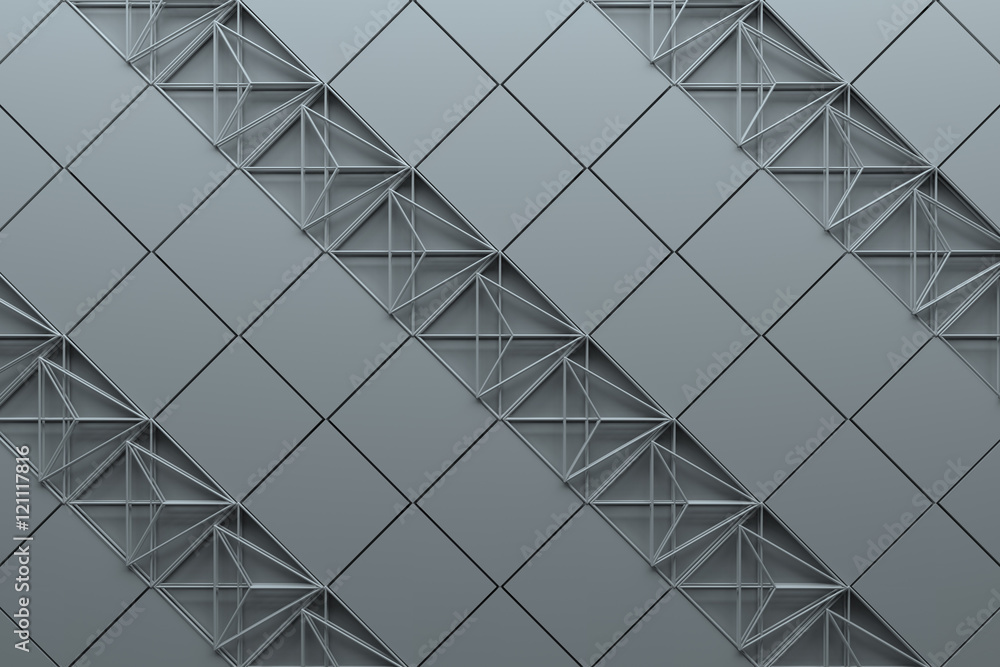 Poster 3d rendering abstract background with repeat of wireframe structures. clones of primitive geometric 