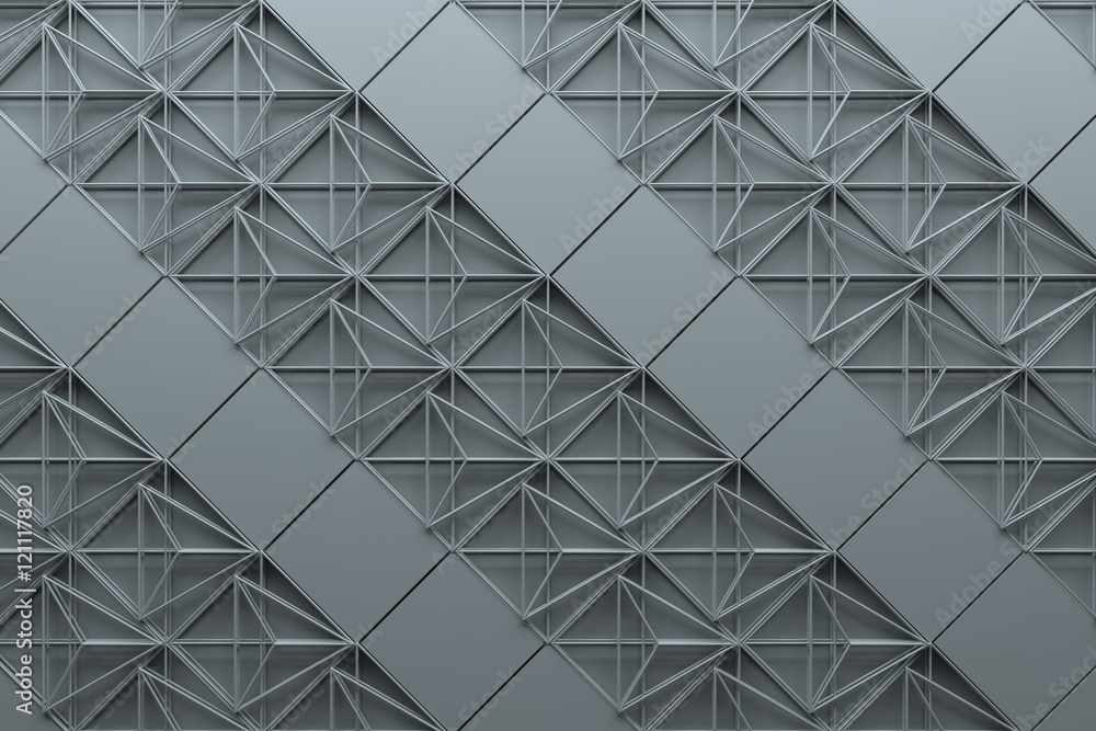 Poster 3d rendering abstract background with repeat of wireframe structures. clones of primitive geometric 