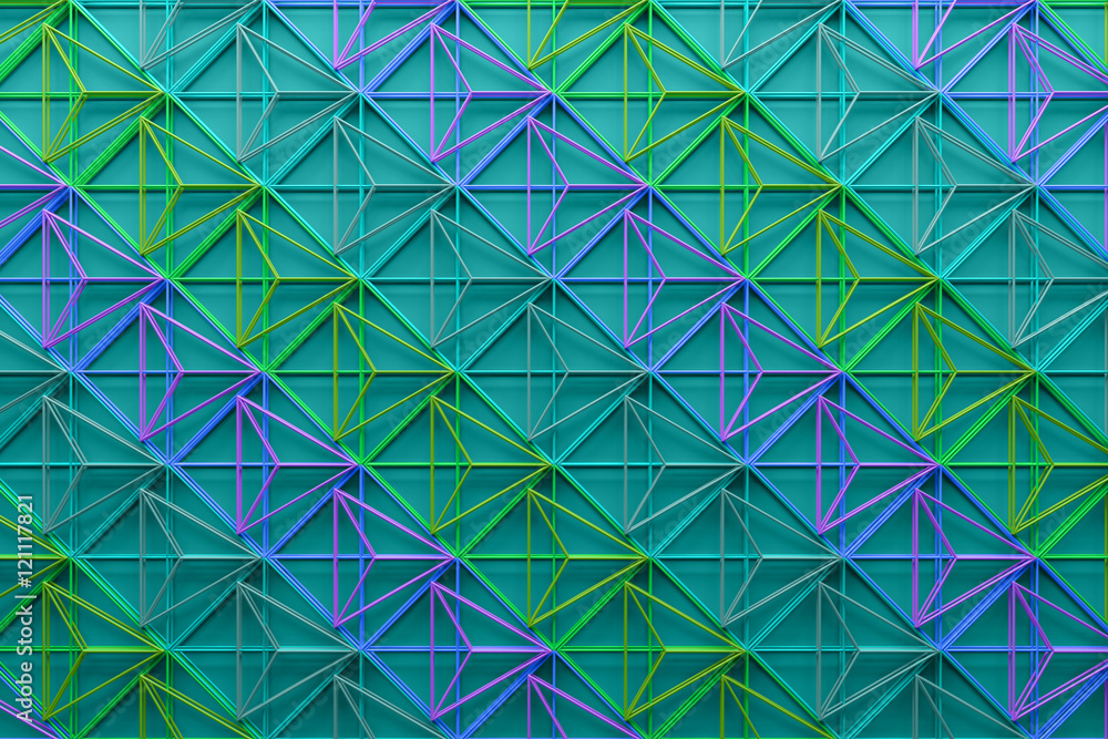 Poster 3d rendering abstract background with repeat of wireframe structures. clones of primitive geometric 