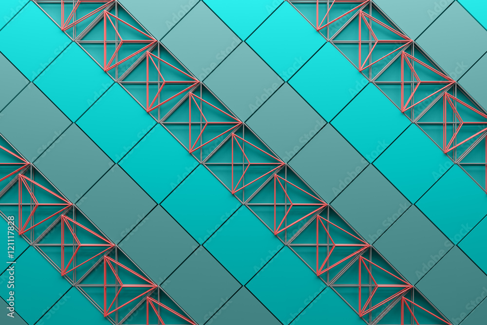 Poster 3d rendering abstract background with repeat of wireframe structures. clones of primitive geometric 