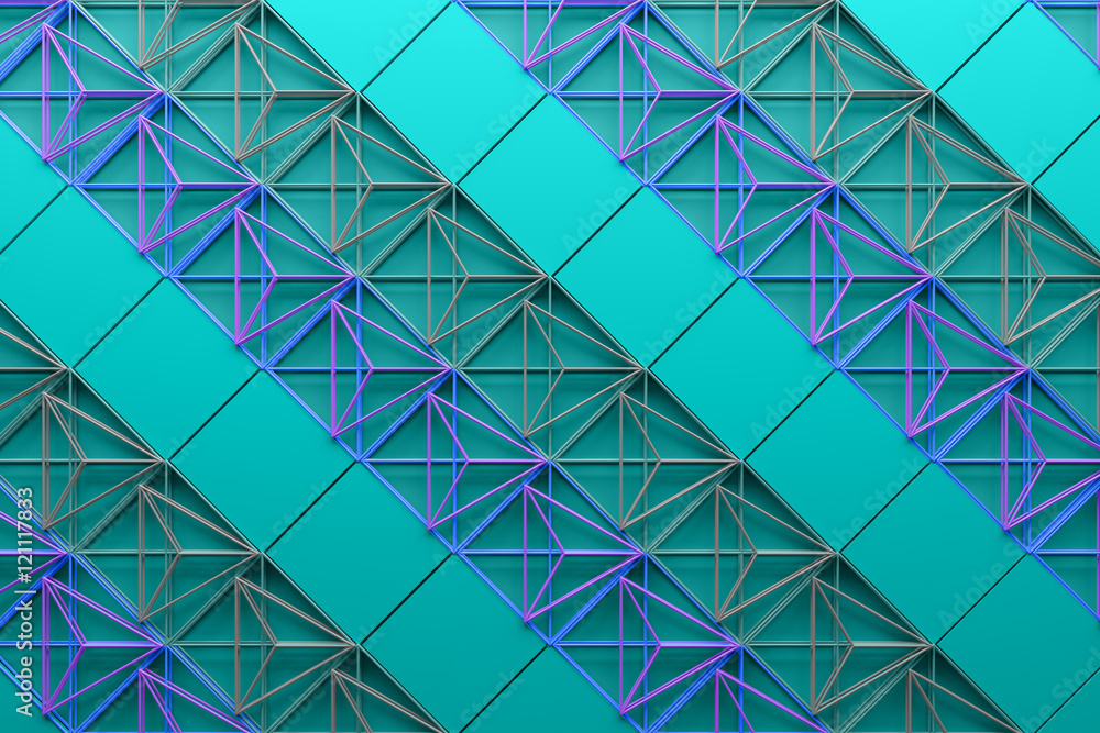 Poster 3d rendering abstract background with repeat of wireframe structures. clones of primitive geometric 