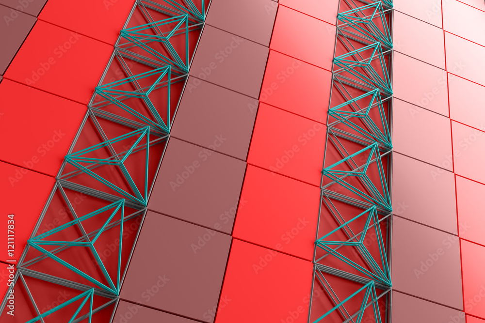 Poster 3d rendering abstract background with repeat of wireframe structures. clones of primitive geometric 