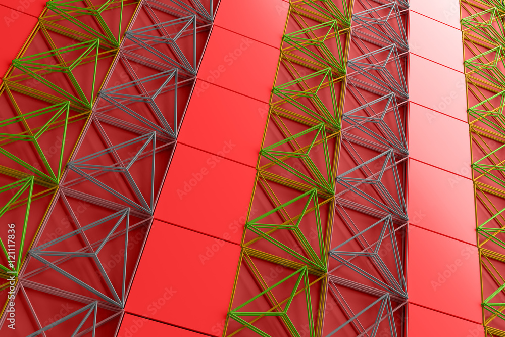 Poster 3d rendering abstract background with repeat of wireframe structures. clones of primitive geometric 