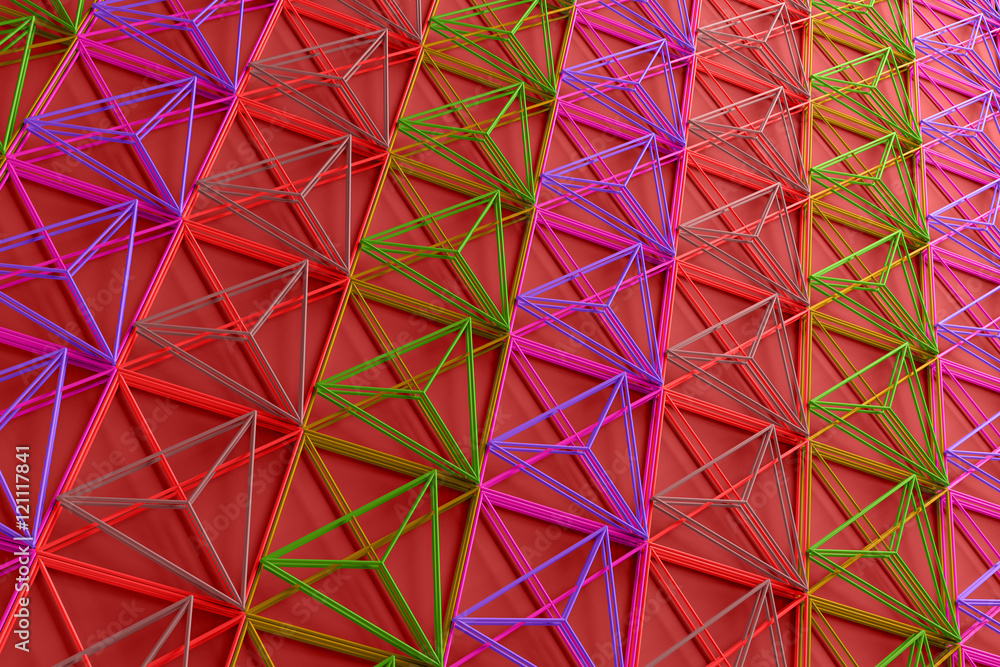 Poster 3d rendering abstract background with repeat of wireframe structures. clones of primitive geometric 