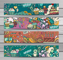 Happy birthday abstract vector illustration. Party and celebration design cards. Illustration of balloon, gifts, fireworks, ribbon, confetti, cake, drinks