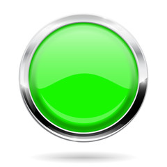 Green round button. Web icon with chrome frame