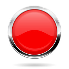 Red round button. Web icon with chrome frame
