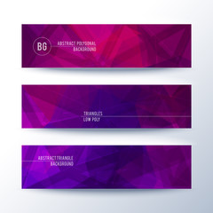 Fototapeta premium Set of horisontal abstract low poly geometric banners with triangles in violet and red