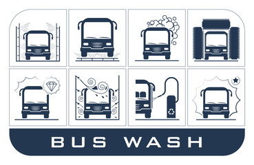 Set of bus washing icons. Collection of very useful icons presenting equipment used for bus wash.          