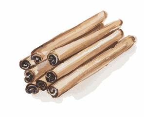 Watercolor bunch of cinnamon. Tasty seasoning. Organic herbal vitamin. Ingredient for christmas food and beverage.
