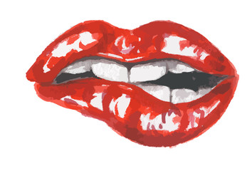 Isolated watercolor lips. Sexy and glamour biting red lips. Make up and fashion. Breath.