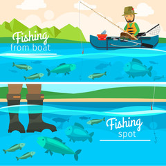 Vector fisherman catching fish at lake. Fishing vector illustration