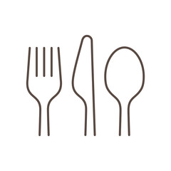Linear silhouettes of a fork, spoon and knife on white background, isolated.