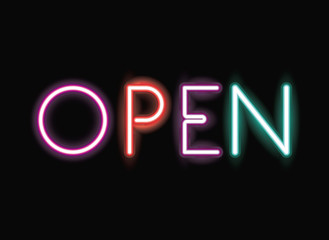 Open neon font icon. Text typography decoration and advertising theme. Colorful design. Vector illustration