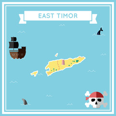 Flat treasure map of Timor-Leste. Colorful cartoon with icons of ship, jolly roger, treasure chest and banner ribbon. Flat design vector illustration.