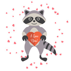 Cartoon raccoon holding valentine heart card. I love you card vector.