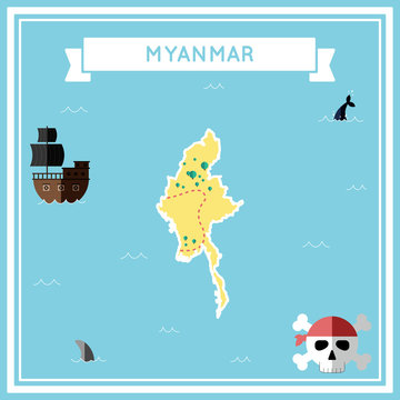 Flat treasure map of Myanmar. Colorful cartoon with icons of ship, jolly roger, treasure chest and banner ribbon. Flat design vector illustration.