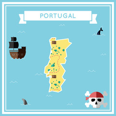 Obraz premium Flat treasure map of Portugal. Colorful cartoon with icons of ship, jolly roger, treasure chest and banner ribbon. Flat design vector illustration.