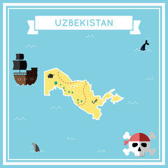 Flat treasure map of Uzbekistan. Colorful cartoon with icons of ship, jolly roger, treasure chest and banner ribbon. Flat design vector illustration.