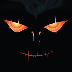 Red Glowing Eyes With Mouth. Scary Halloween Smile With Smoke. - 121122269