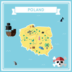 Fototapeta premium Flat treasure map of Poland. Colorful cartoon with icons of ship, jolly roger, treasure chest and banner ribbon. Flat design vector illustration.