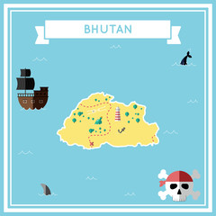 Flat treasure map of Bhutan. Colorful cartoon with icons of ship, jolly roger, treasure chest and banner ribbon. Flat design vector illustration.