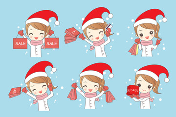 cartoon woman shopping happily