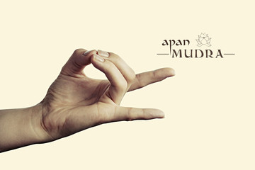 Image of woman hand in apan mudra. Gesture is  isolated on toned background.