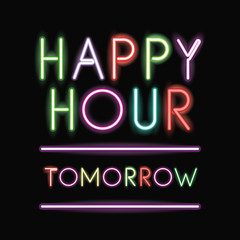 Happy hour neon font icon. Text typography decoration and advertising theme. Colorful design. Vector illustration