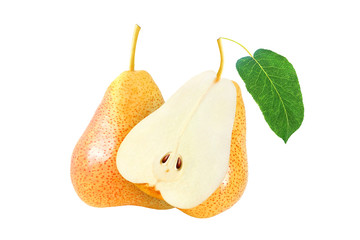 whole and sliced pear fruits with leaf isolated on white background with clipping path
