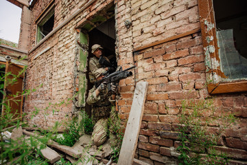 Army soldier during the military operation in the city. war, arm