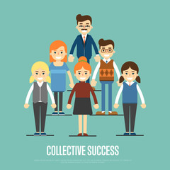 Group of smiling and young cartoon business people stand on blue background. Collective success vector illustration. Teamwork concept. Collaboration and partnership, working together. Business team
