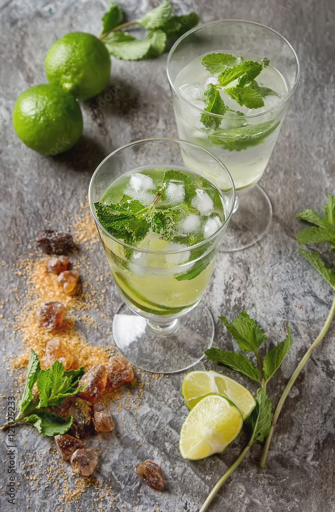 Wall mural Glass tank mojito and Ingredients for cocktails. Fresh mint, lim