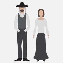 Orthodox jew. Flat icon. Hebrew from Israel, Jewish man and woman in religios cloth. Traditional stereotype flat characters.