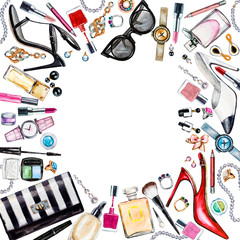 Frame of various watercolor female accessories. Makeup products