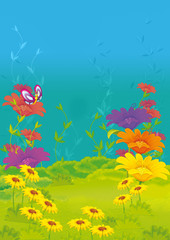 Naklejka na ściany i meble Cartoon scene with butterfly on the flower field - stage for different usage - illustration for children