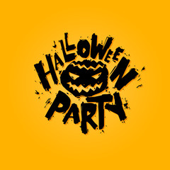 Happy halloween poster, banner, fly-er. Pumpkin. Lettering, calligraphy, lino-cut. Halloween party. Flat design vector illustration.